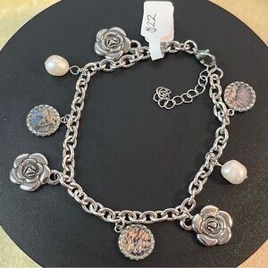 Freshwater Pearl, Abalone, And Rose Charm Bracelet 8” plus 2” extension
